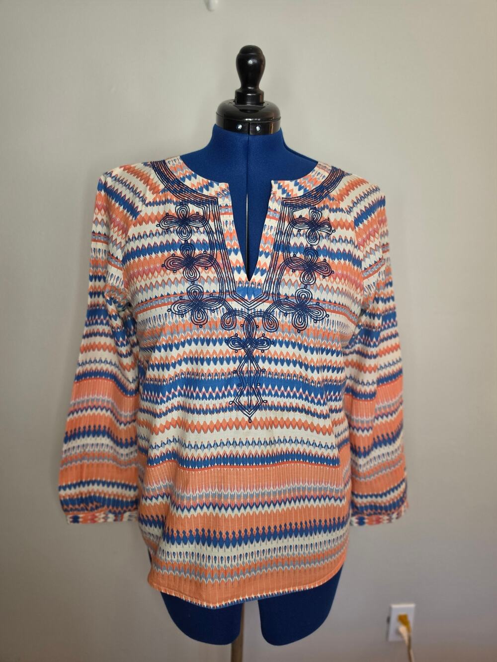 J.Crew Cotton Embroidered Geometric Tunic Blouse Coral Blue Medium Boho
